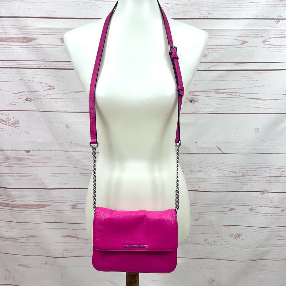 Michael Kors Bedford Jet Set Hot Pink Convertible Clutch Crossbody Purse - Picture 3 of 13